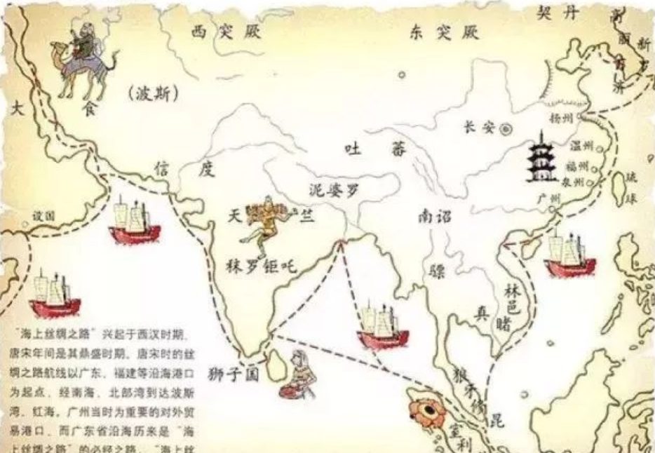 ▲唐宋时期海上丝绸之路示意图
